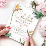 Tropical Bat Mitzvah Gold Script Floral Watercolor Enclosure Card<br><div class="desc">Be proud, rejoice and showcase this milestone of your favourite Bat Mitzvah! Include this modern, sparkly, personalised insert for additional information to your event. Stylish, stunning, colourful, tropical watercolor birds of paradise flowers, faux gold handwritten script, Star of David and glitter dots, along with dark rose pink and grey modern...</div>