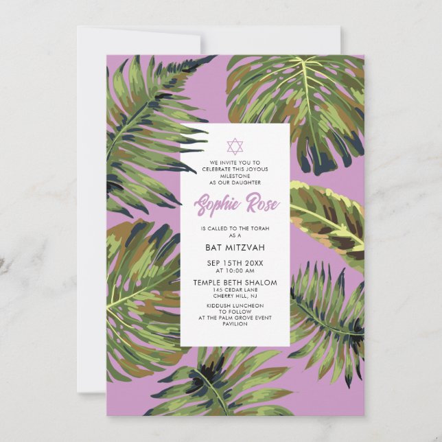 Tropical Bat Mitzvah Invitation Palm Leaf (Front)