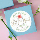 Tropical Bat Mitzvah Watercolor Floral Gold Script Classic Round Sticker<br><div class="desc">Be proud, rejoice and celebrate this milestone of your favourite Bat Mitzvah whenever you use this sophisticated, personalised sticker! A stylish, stunning, colourful, tropical watercolor plumeria flower, faux gold handwritten script, Star of David and glitter dots, along with spring green modern sans serif type, overlay a white background. Personalise the...</div>