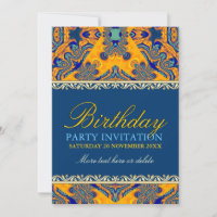Tropical Batik Orange Blue Birthday Invitation