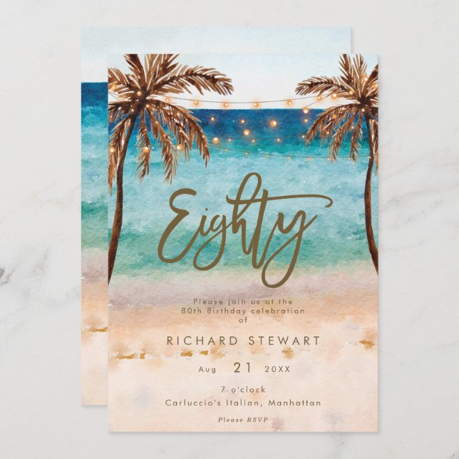 tropical beach 80th birthday party invitation (Front/Back)