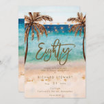 tropical beach 80th birthday party invitation<br><div class="desc">A lovely tropical beach themed 80th birthday invitation with palm trees and string lights and matching reverse side. Easy to edit or delete the available text fields to personalize the information with your own details for a professional and custom finish. Matching items are available in this boho collection. Please visit...</div>