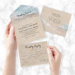 Tropical Beach All in One Wedding Invite<br><div class="desc">A 3 in 1 beach destination wedding trifold invitation featuring a summer tropical beach island background,  a vintage sandy beach with two hearts in the shoreline,  your initials,  the wedding details,  invitation,  and a menu rsvp postcard for your guests to tear off and send back.</div>