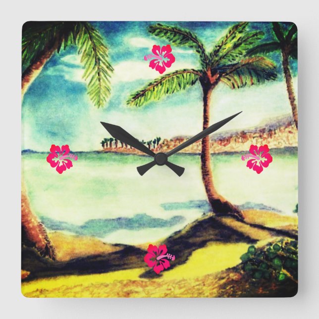 Tropical Beach and Palm Trees Square Wall Clock (Front)