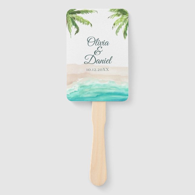 Tropical Beach and Palm Trees Wedding Program Fan (Front)