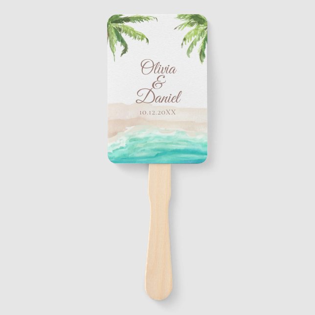 Tropical Beach and Palm Trees Wedding Program Hand Fan (Front)
