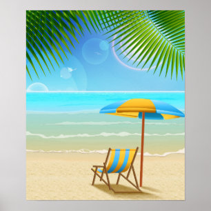 Tropical Beach and Umbrella Poster