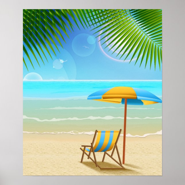 Tropical Beach and Umbrella Poster (Front)