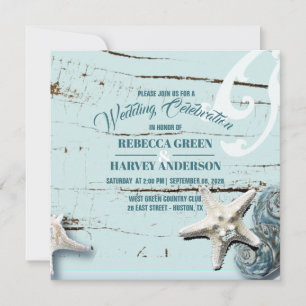 tropical beach aqua blue seashell starfish wedding invitation