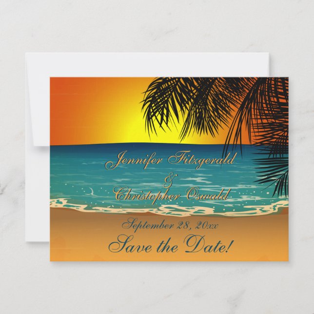 Tropical Beach at Sunset Wedding Save the Date (Front)