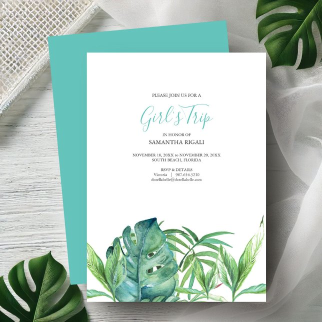 Tropical Beach Bachelorette Party Invitations (Bachelorette party invitations watercolor tropical monstera palm leave art by Victoria Grigaliunas)
