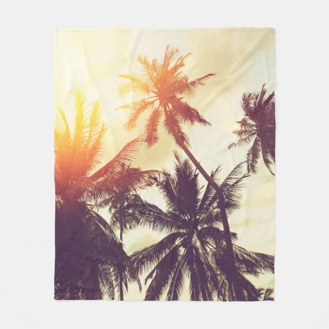 Tropical beach background with palm trees silhouet fleece blanket (Front)