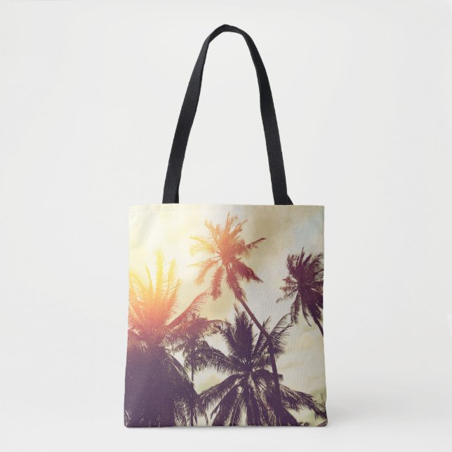 Tropical beach background with palm trees silhouet tote bag (Front)