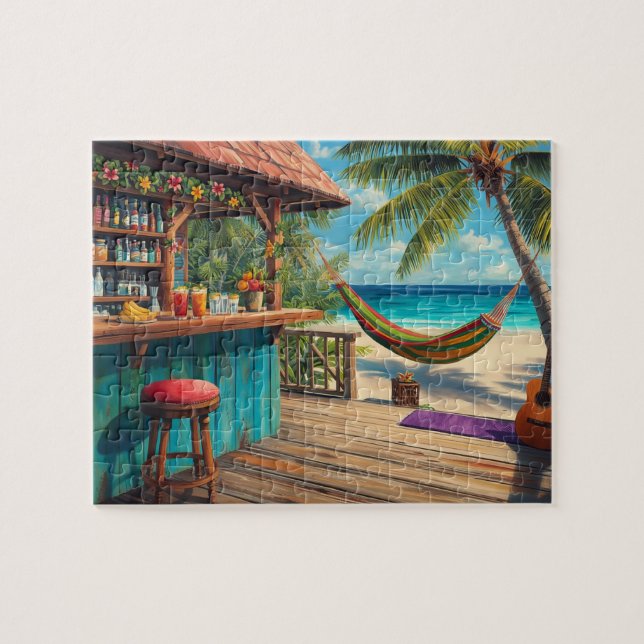 Tropical Beach Bar Hammock Art Jigsaw Puzzle (Horizontal)