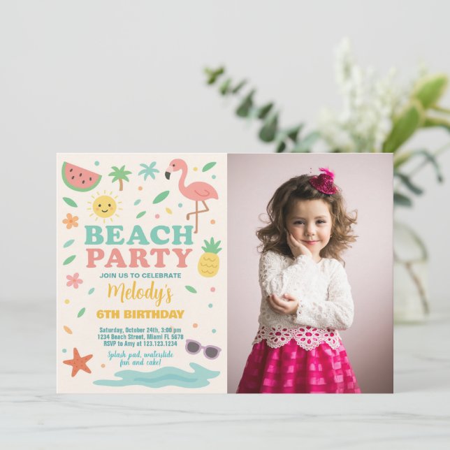 Tropical Beach Birthday Invitation & Decor for Kid (Standing Front)