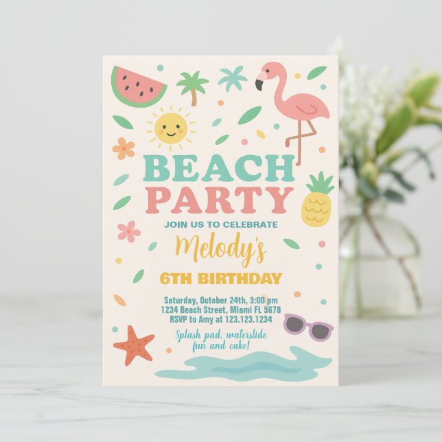 Tropical Beach Birthday Invitation & Decor for Kid (Standing Front)