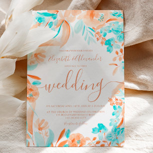 Tropical beach blue coral floral chic wedding invitation
