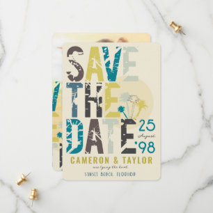 Tropical Beach Blue Palm Trees Grunge Text Photo Save The Date