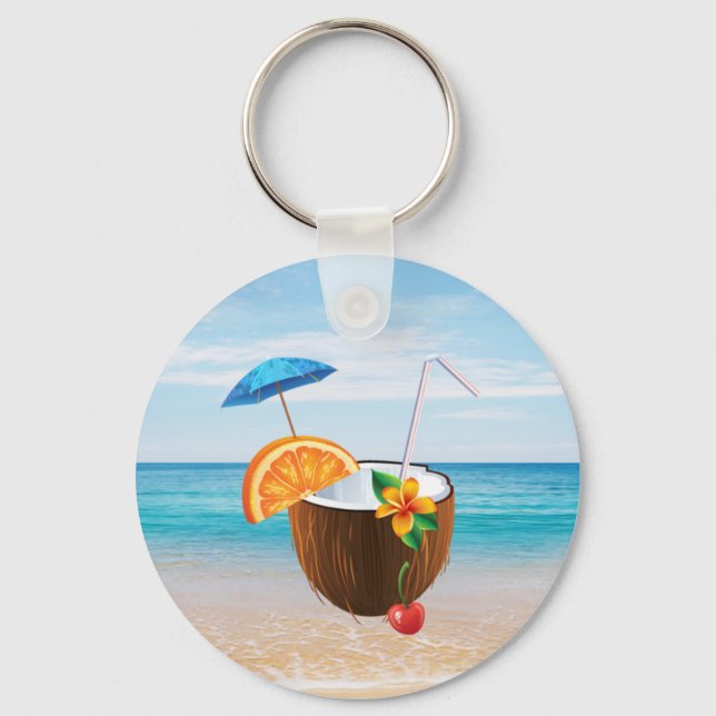 Tropical Beach,Blue Sky,Ocean Sand,Coconut Coctail Key Ring (Front)