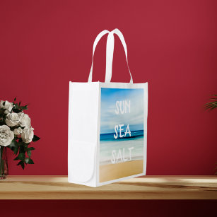 Tropical beach blue sky text reusable grocery bag