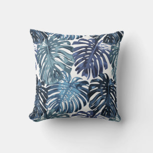 Tropical Beach Blue White Palm Leaves Cushion