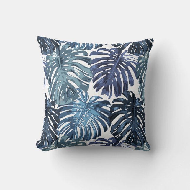 Tropical Beach Blue White Palm Leaves Cushion (Front)