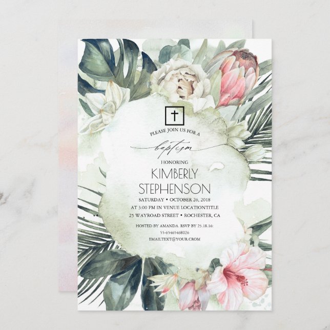 Tropical Beach Blush Pink Flowers Baptism Invitation (Front/Back)