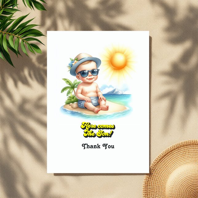 Tropical Beach Boy Here Comes the Son Baby Shower Thank You Card (Tropical Beach Boy Here Comes the Son Baby Shower Thank You Card)