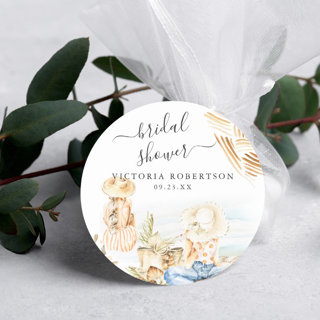 Tropical Beach Bridal Shower Classic Round Sticker (Creator Uploaded)