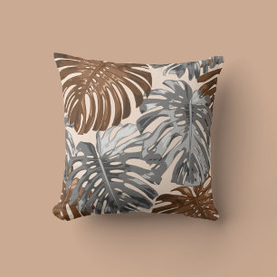 Tropical Beach Brown Grey Jungle Leaves Boho Cushion