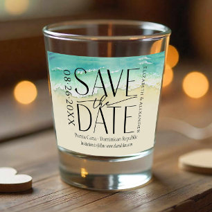 Tropical Beach Calligraphy Wedding Save The Date Shot Glass
