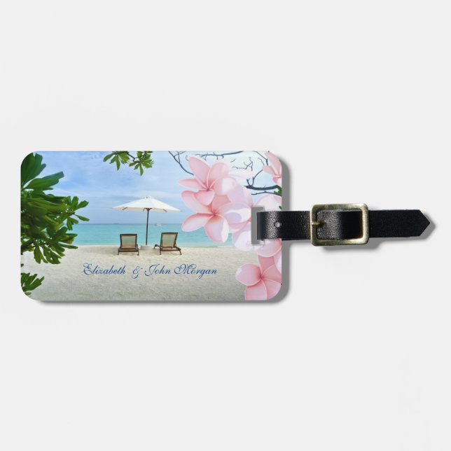 Tropical Beach, Chair , Hawaiian Flower Luggage Tag (Front Horizontal)