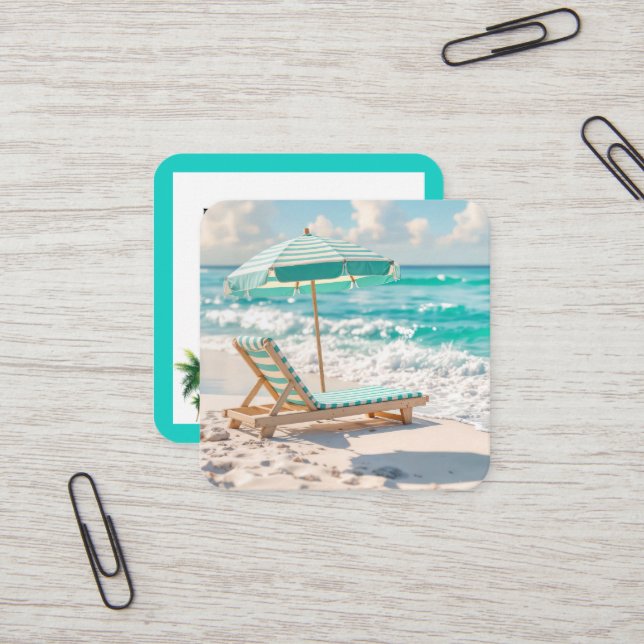 Tropical Beach Chaise Lounge On White Sand Square Business Card (Front/Back In Situ)