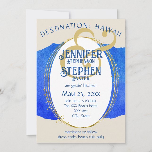 Tropical Beach Chic  Blue Gold Destination Wedding Invitation (Front)