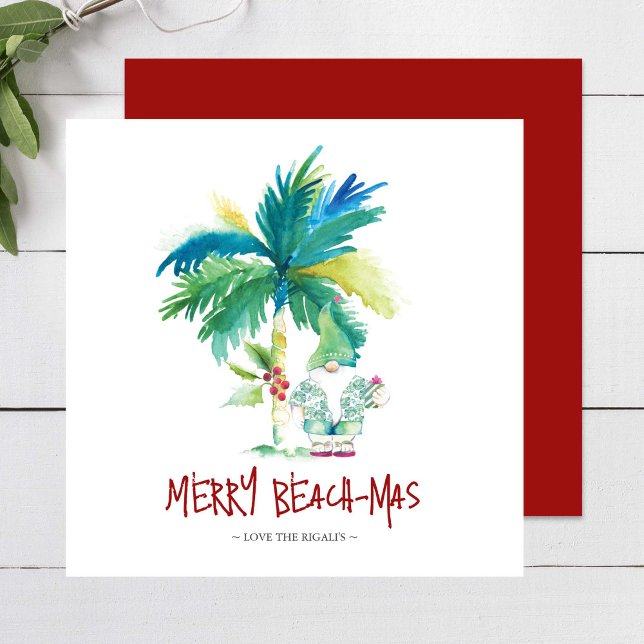Tropical Beach Christmas Cards (Tropical beach Christmas cards feature unique palm tree & elf watercolor art by Victoria Grigaliunas)