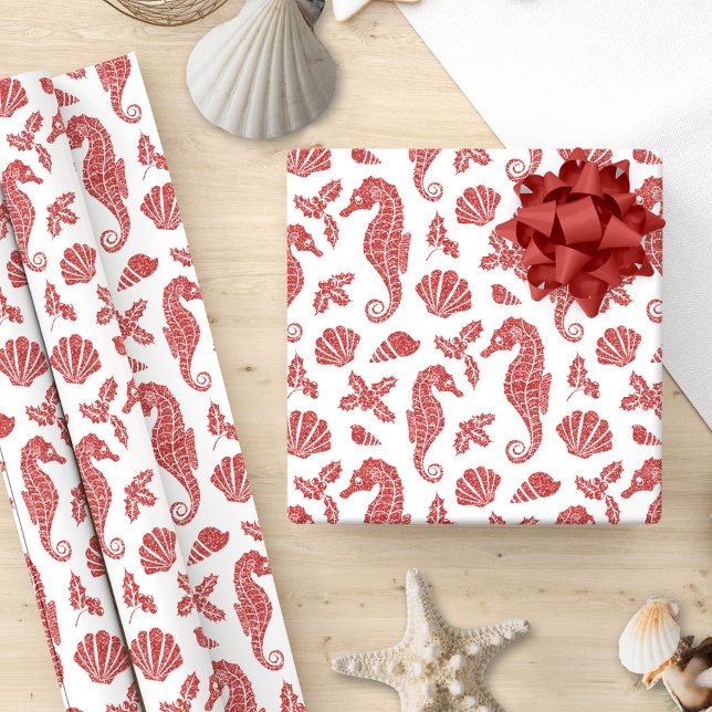 Tropical Beach Christmas Red Glitter Seahorses  Wrapping Paper (Creator Uploaded)