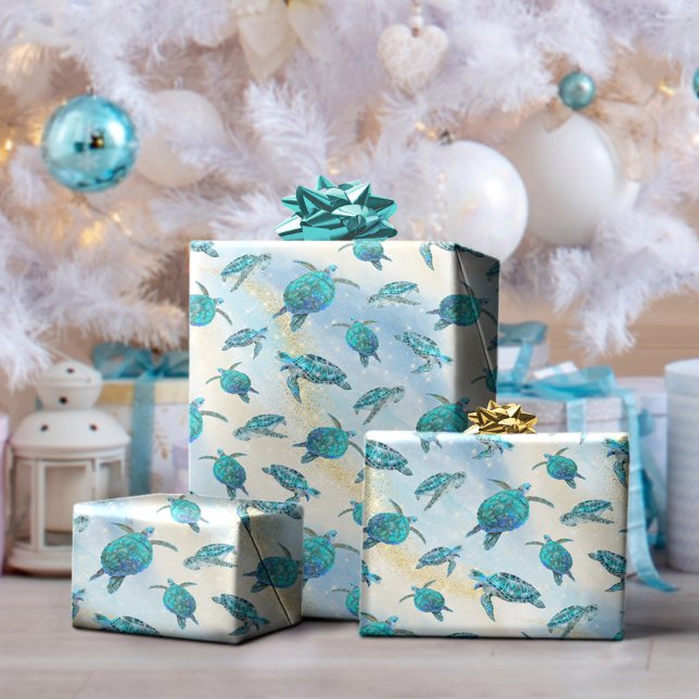 Tropical Beach Christmas Sea Turtle Glitter Wrapping Paper (Creator Uploaded)