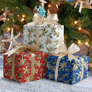 Tropical Beach Christmas Starfish and Holly Wrapping Paper Sheet