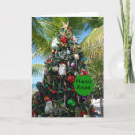 Tropical Beach Christmas Tree Holiday Card<br><div class="desc">Beautifully decorated Christmas tree with beach and palm trees behind.</div>