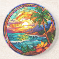 tropical beach cliffs stained glass art