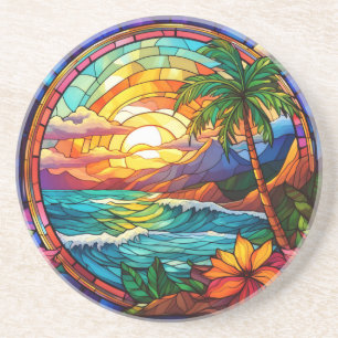 tropical beach cliffs stained glass art coaster