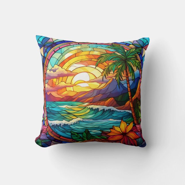 tropical beach cliffs stained glass art cushion (Front)