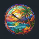 tropical beach cliffs stained glass art round clock<br><div class="desc">tropical beach cliffs stained glass art</div>