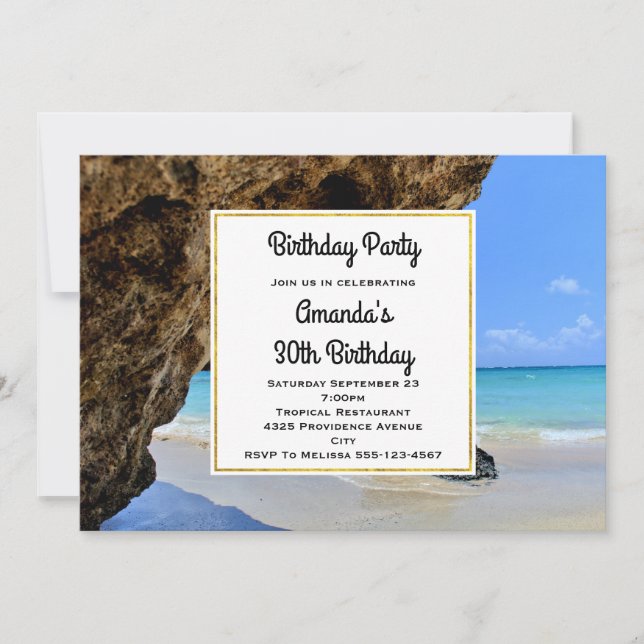 Tropical Beach Coast with a Big Rock Birthday Invitation (Front)
