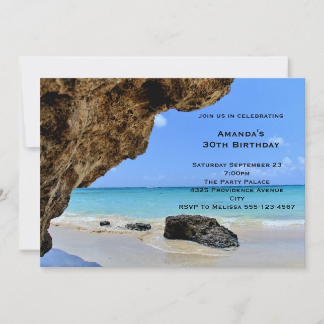 Tropical Beach Coast with a Big Rock Birthday Invitation (Front)