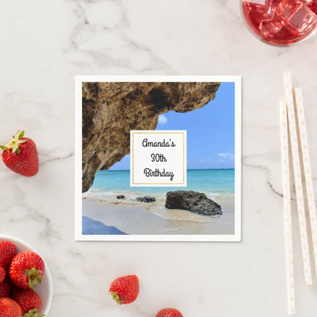Tropical Beach Coast with a Big Rock Birthday Napkin (Insitu)