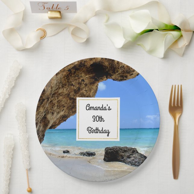 Tropical Beach Coast with a Big Rock Birthday Paper Plate (Wedding)
