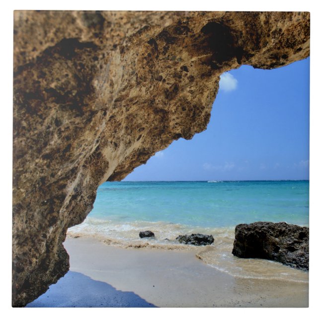 Tropical Beach Coast with a Big Rock Ceramic Tile (Front)
