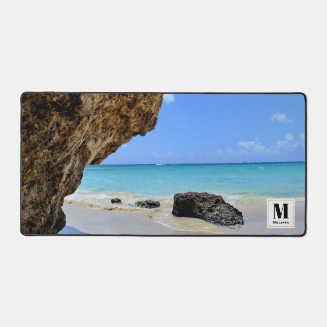 Tropical Beach Coast with a Big Rock Desk Mat (Front)