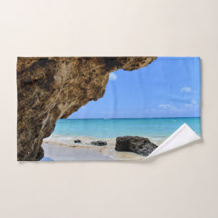 Tropical Beach Coast with a Big Rock Hand Towel